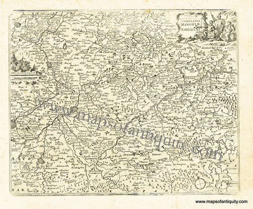 Antique-Black-and-White-Map-Comitatus-Hanoniae-(Parts-of-France-and-Belgium)-Europe-France-1725-De-Aefferden-Maps-Of-Antiquity