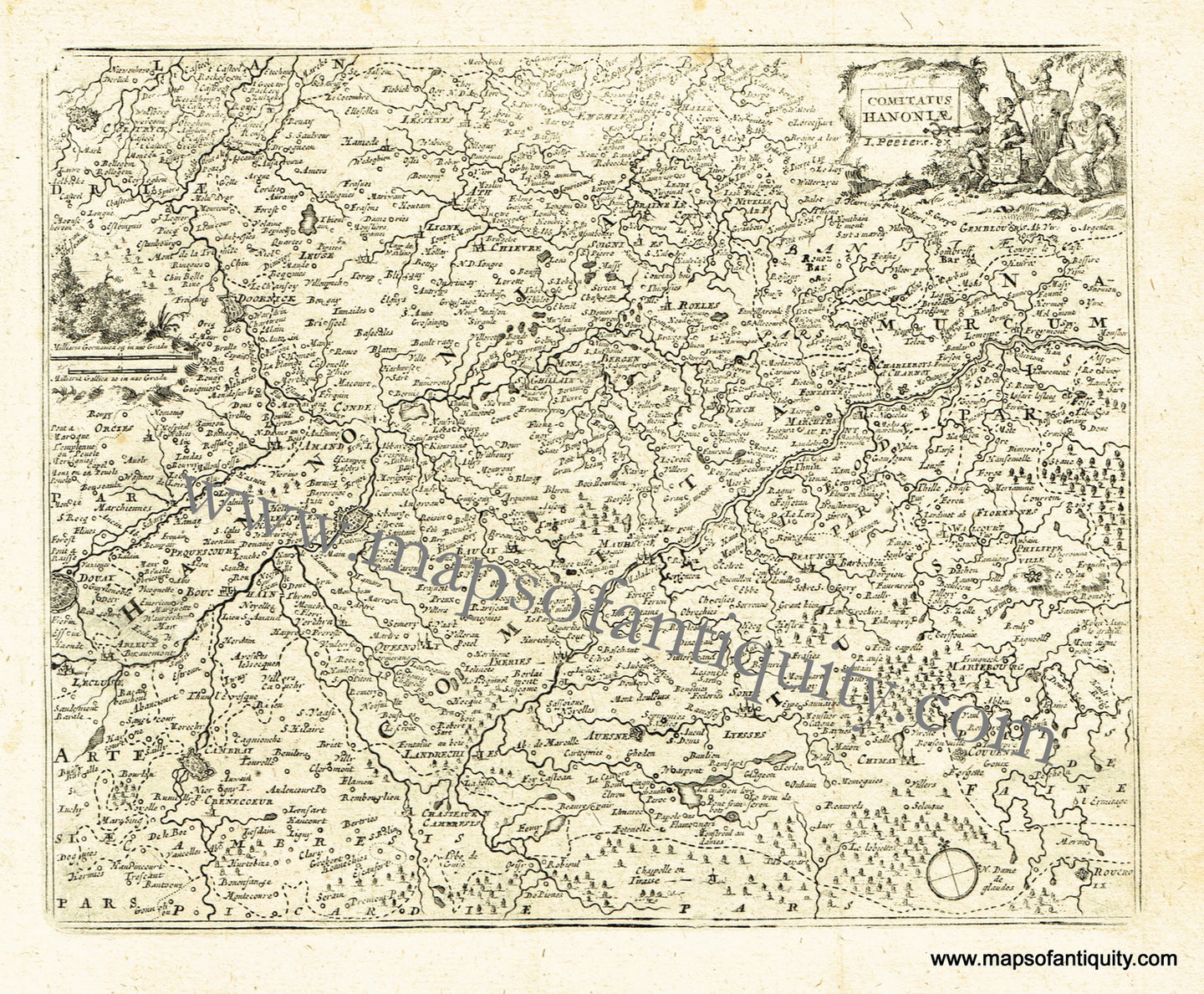 Antique-Black-and-White-Map-Comitatus-Hanoniae-(Parts-of-France-and-Belgium)-Europe-France-1725-De-Aefferden-Maps-Of-Antiquity