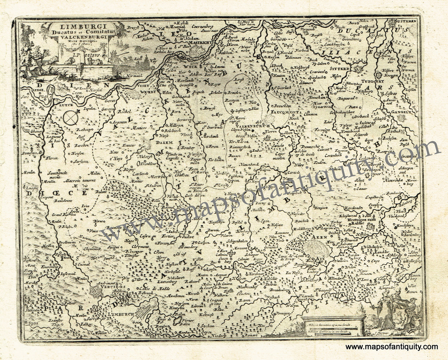 Antique-Black-and-White-Map-Limburgi-Ducatus-et-Comitatus-Valckenburgi-(Parts-of-Belgium-the-Netherlands-and-Germany)-Europe-Netherlands-1725-De-Aefferden-Maps-Of-Antiquity