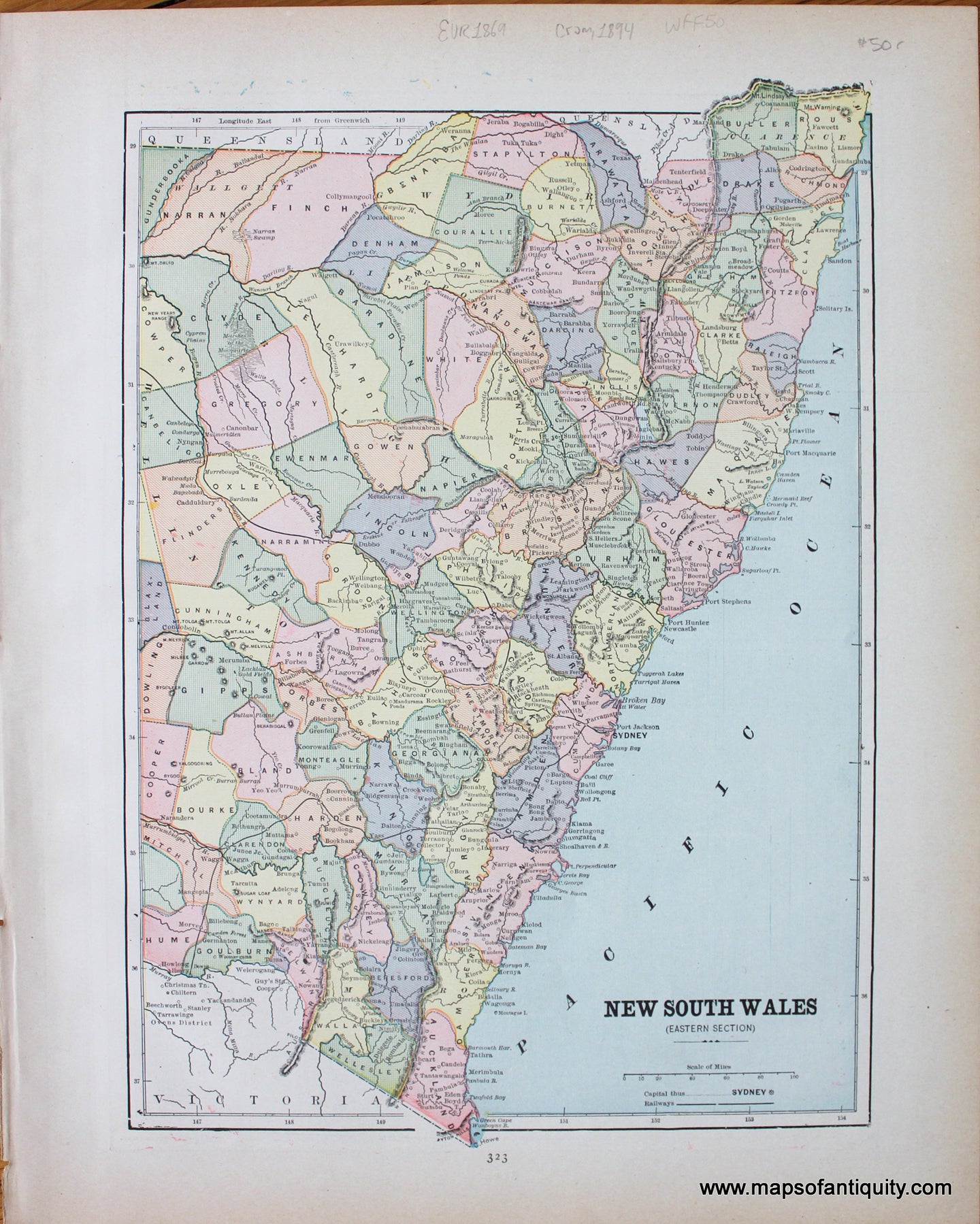 Antique-Printed-Color-Map-New-South-Wales-(Eastern-Section)-verso:-West-Australia-and-South-Australia-Oceania-Australia-1894-Cram-Maps-Of-Antiquity