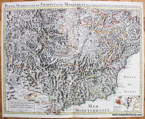 Antique-Hand-Colored-Map-Partie-Meridionale-du-Piemont-et-du-Monferrat-(Piedmont-Italy)-Europe-Italy-c.-1730-Buache/De-l'Isle-Maps-Of-Antiquity