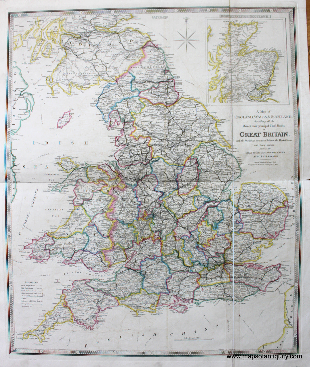 Antique-Hand-Colored-Map-A-Map-of-England-Wales-&-Scotland-describing-all-the-Direct-and-principal-Cross-Roads-in-Great-Britain-with-the-Distances-measured-between-the-Market-Towns-and-from-London;-Likewise-the-Great-Rivers-and-Navigable-Canals-and-Railroads.-******-Europe-England-1838-Wyld-Maps-Of-Antiquity