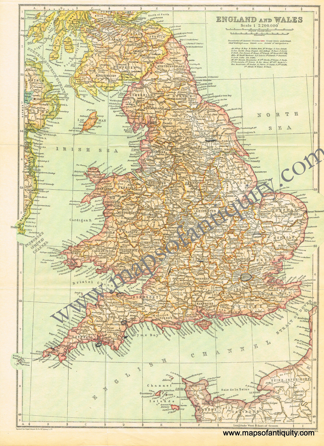 Antique-Printed-Color-Map-England-and-Wales-Europe-England-1910-Encyclopaedia-Britannica-Maps-Of-Antiquity