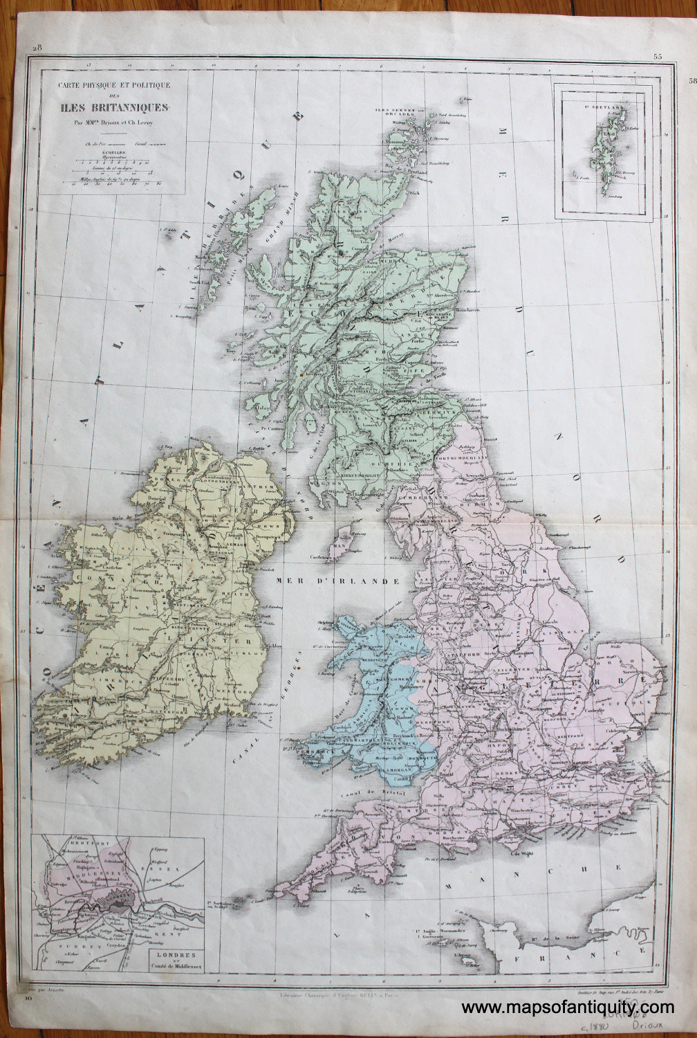 Antique-Hand-Colored-Map-Carte-Physique-et-Politique-des-Iles-Britanniques-Europe-England-c.-1880-Drioux-Maps-Of-Antiquity