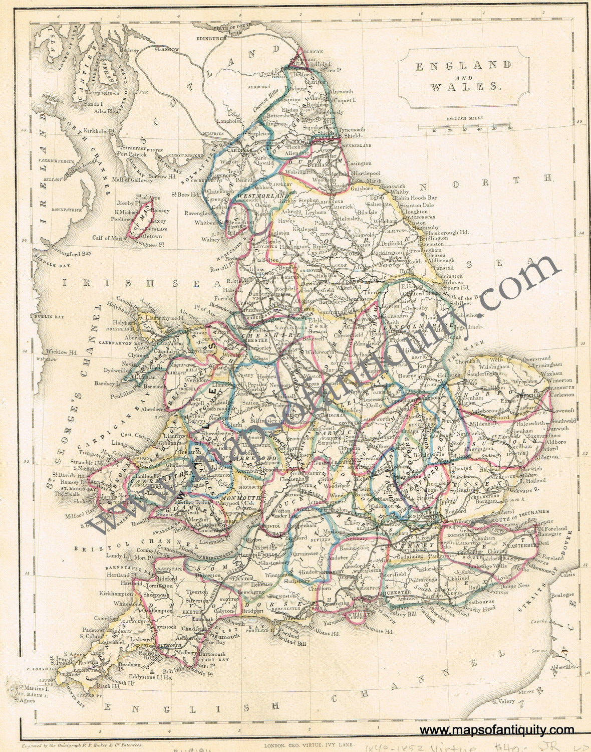 Antique-Hand-Colored-Map-England-and-Wales-Europe-England-1840-1852-Virtue-Maps-Of-Antiquity