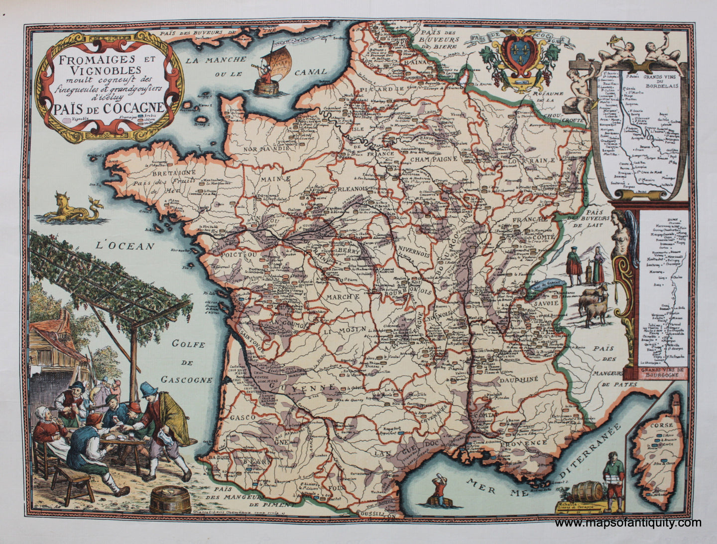 Antique-style-Printed-Color-Map-Fromaiges-et-Vignobles-moult-cogneust-des-finegueules-et-grandgousiers-d'iceluy-Pais-de-Cocagne-(Cheese-Makers-and-Wineries-of-France)-**********-Europe-France-1963-Daniel-Lewis-Derveaux-Maps-Of-Antiquity