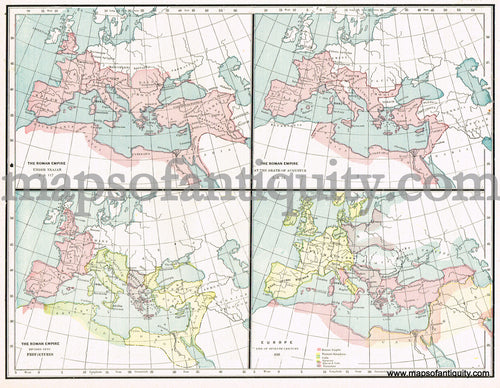 Antique-Printed-Color-Map-The-Roman-Empire-Under-Trajan-The-Roman-Empire-at-The-Death-of-Augustus-The-Roman-Empire-Divided-Into-Prefectures-and-Europe-End-of-Seventh-Century-Mediterranean--1894-Cram-Maps-Of-Antiquity