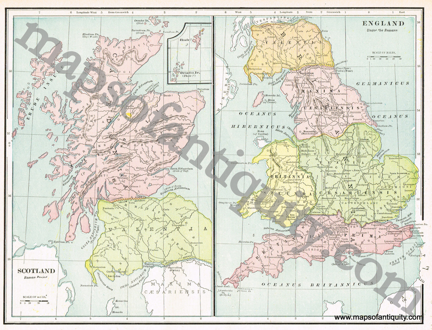 Antique-Printed-Color-Map-Scotland-Roman-Period-and-England-Under-the-Romans-Europe-Scotland-England-1894-Cram-Maps-Of-Antiquity