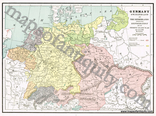 Antique-Printed-Color-Map-Germany-Switzerland-and-The-Netherlands-During-the-Reformation-and-the-Thirty-Years'-War-Europe-Germany-Switzerland-Holland-&-the-Netherlands-1894-Cram-Maps-Of-Antiquity