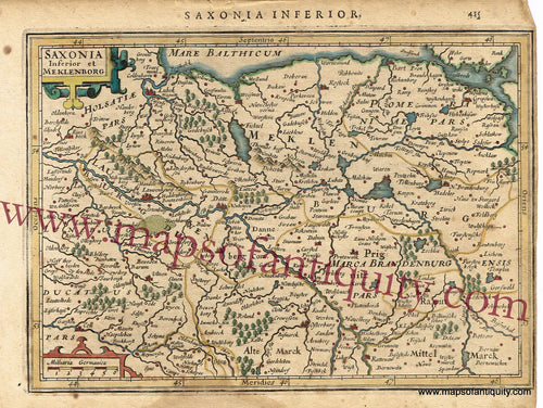 Antique-Hand-Colored-Map-Saxonia-Inferior-et-Meklenborg-(Germany)-Europe-Germany-1651-Mercator/Hondius-Maps-Of-Antiquity