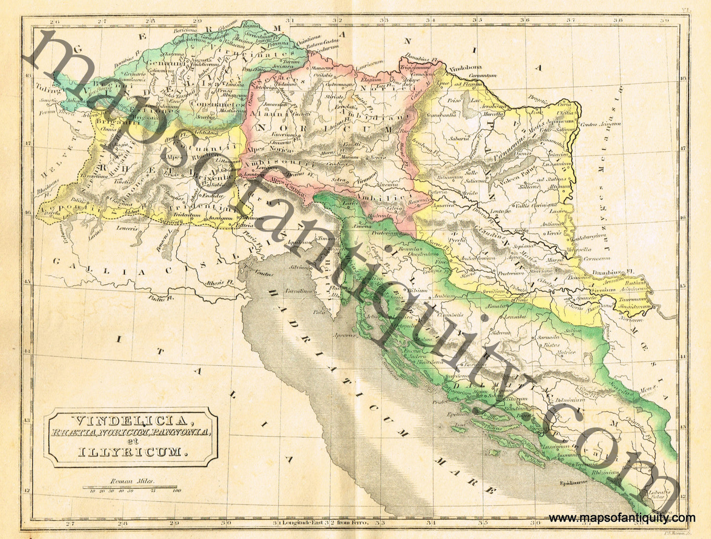 Antique-Hand-Colored-Map-Vindelicia-Rhaetia-Noricum-Pannonia-et-Illyricum-Europe-Ancient-World-Austria-Switzerland-Greece-&-the-Balkans-1838-Butler-Maps-Of-Antiquity