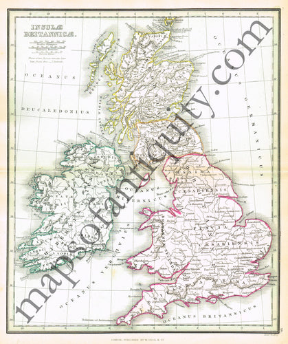 Antique-Hand-Colored-Map-Insulae-Britannicae-Europe-Ancient-World-England-Ireland-Scotland-1840-Findlay-Maps-Of-Antiquity