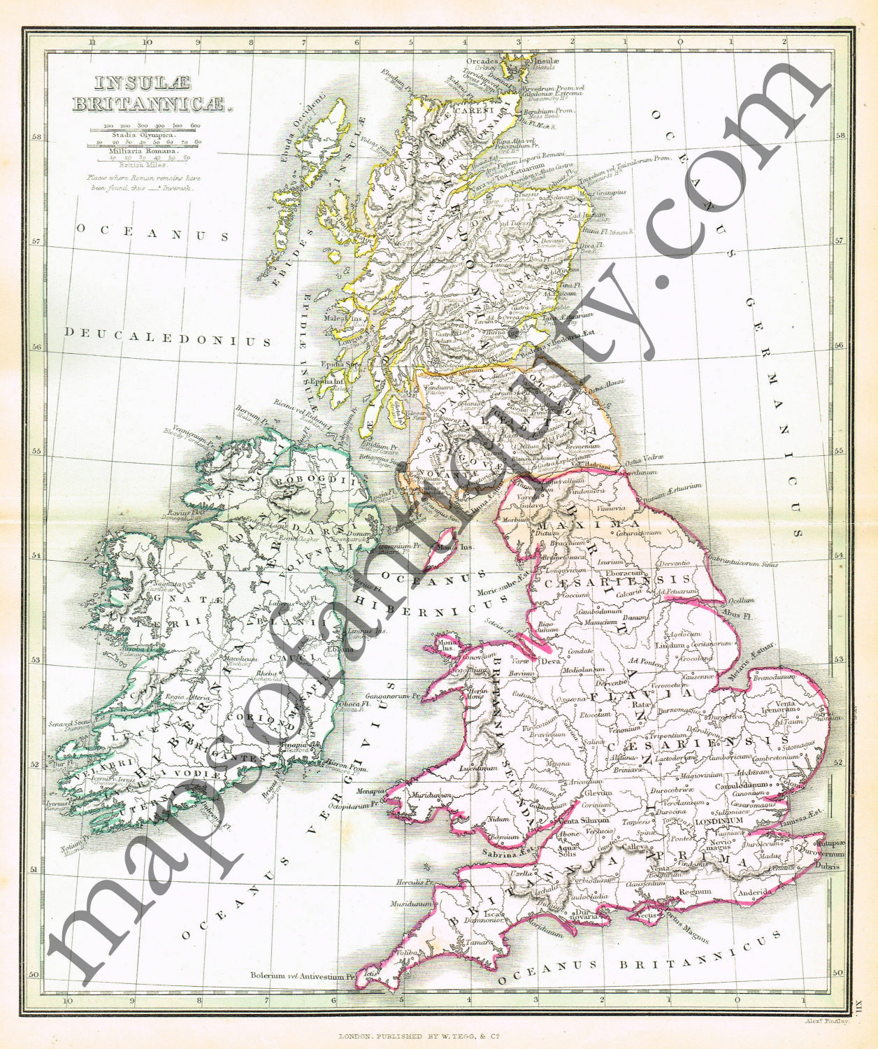Antique-Hand-Colored-Map-Insulae-Britannicae-Europe-Ancient-World-England-Ireland-Scotland-1840-Findlay-Maps-Of-Antiquity