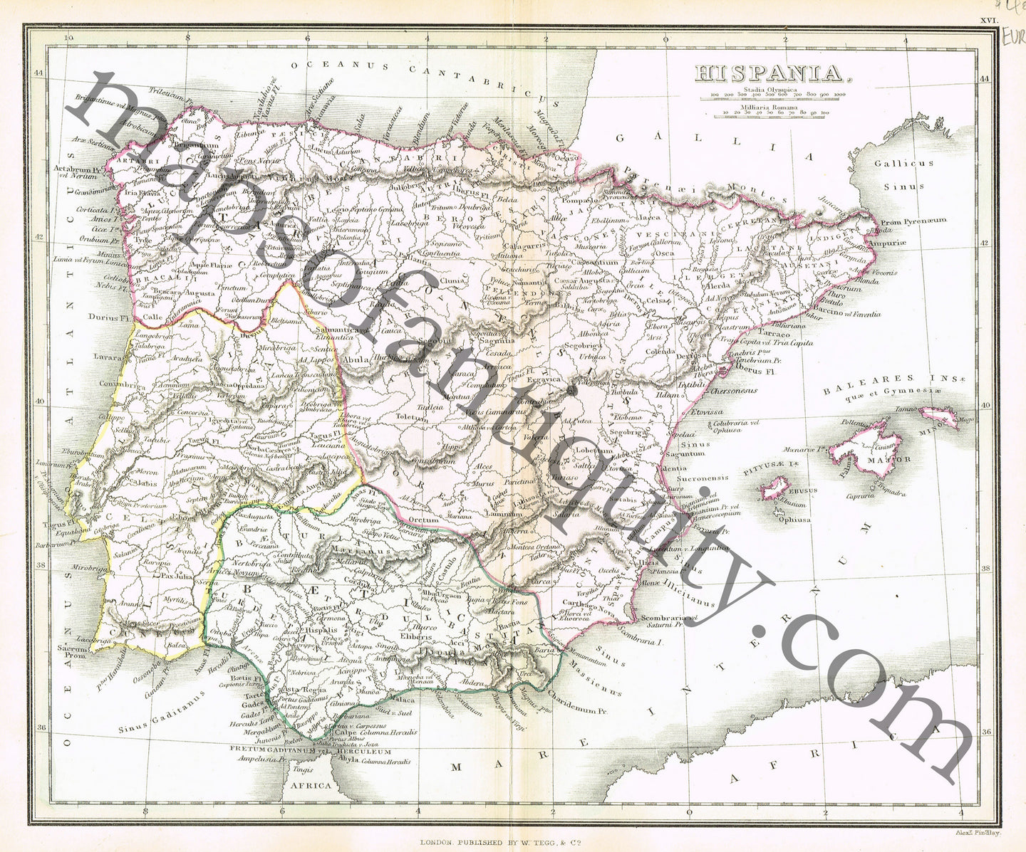 Antique-Hand-Colored-Map-Hispania-Europe-Ancient-World-Spain-&-Portugal-1840-Findlay-Maps-Of-Antiquity