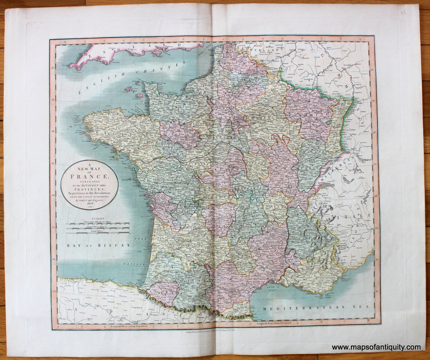 Antique-Hand-Colored-Map-A-New-Map-of-France-Agreeable-to-its-Division-into-Provinces-as-Previous-to-the-Revolution-from-the-Latest-Authorities-Europe-France-1806-Cary-Maps-Of-Antiquity