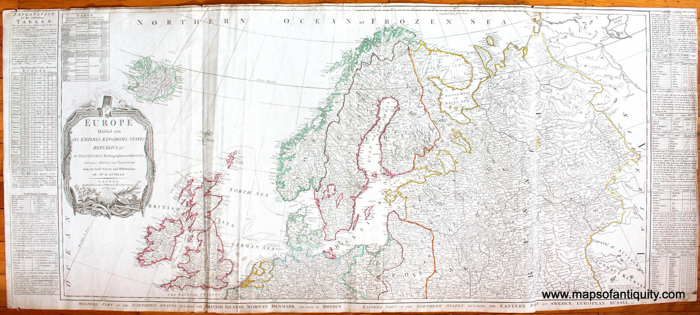 Antique-Hand-Colored-Set-of-2-Maps-Europe-divided-into-its-empires-kingdoms-states-republics-&c.-(Pair-of-2-maps---Northern-and-Southern-halves)-**********-Europe--1787-Kitchin-Maps-Of-Antiquity