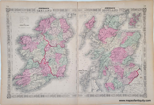 Antique-Hand-Colored-Map-Johnson's-Ireland-Johnson's-Scotland--Europe-Ireland-1864-Johnson-and-Ward-Maps-Of-Antiquity