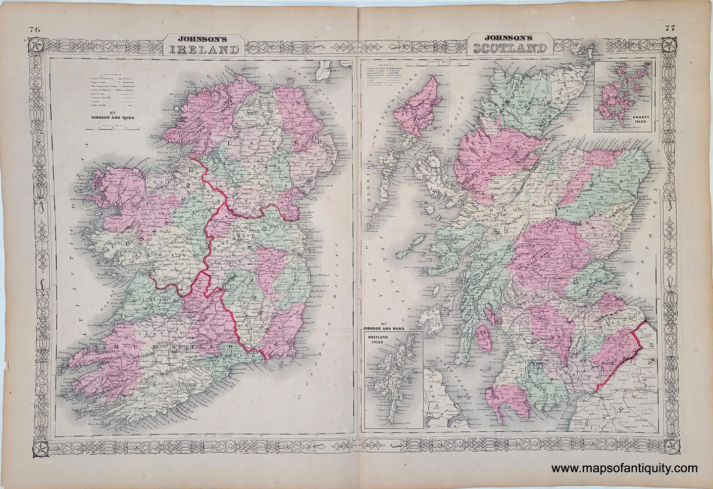 Antique-Hand-Colored-Map-Johnson's-Ireland-Johnson's-Scotland--Europe-Ireland-1864-Johnson-and-Ward-Maps-Of-Antiquity