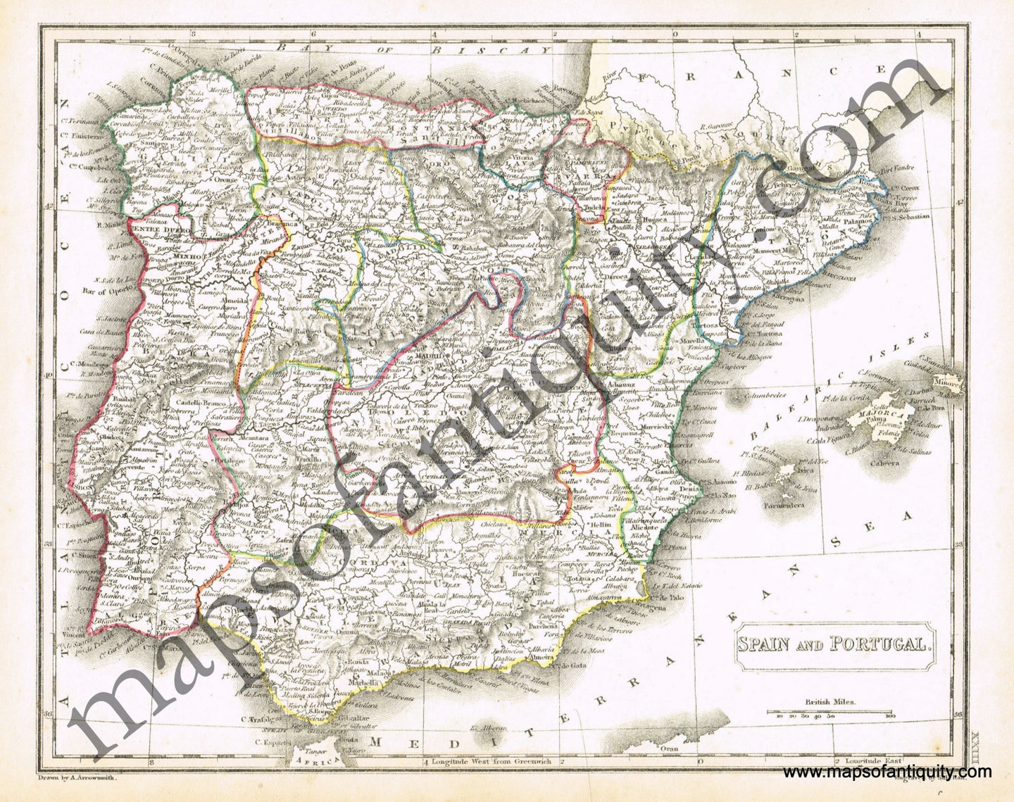 Antique-Hand-Colored-Map-Spain-and-Portugal-Europe-Spain-&-Portugal-1817-Arrowsmith-Maps-Of-Antiquity