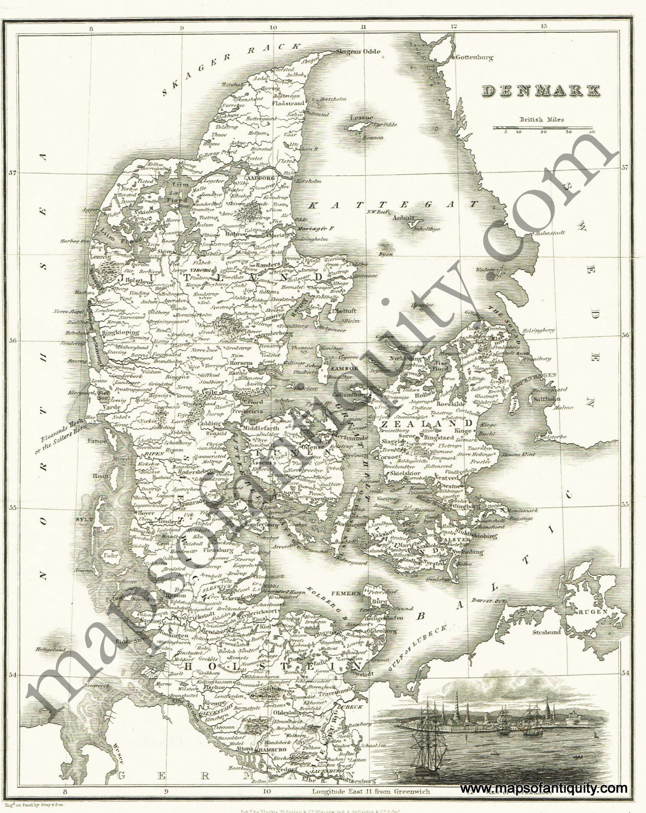 Antique-Black-and-White-Map-Denmark-Europe-Scandinavia-Denmark-&-Iceland-1828-Blackie-Maps-Of-Antiquity