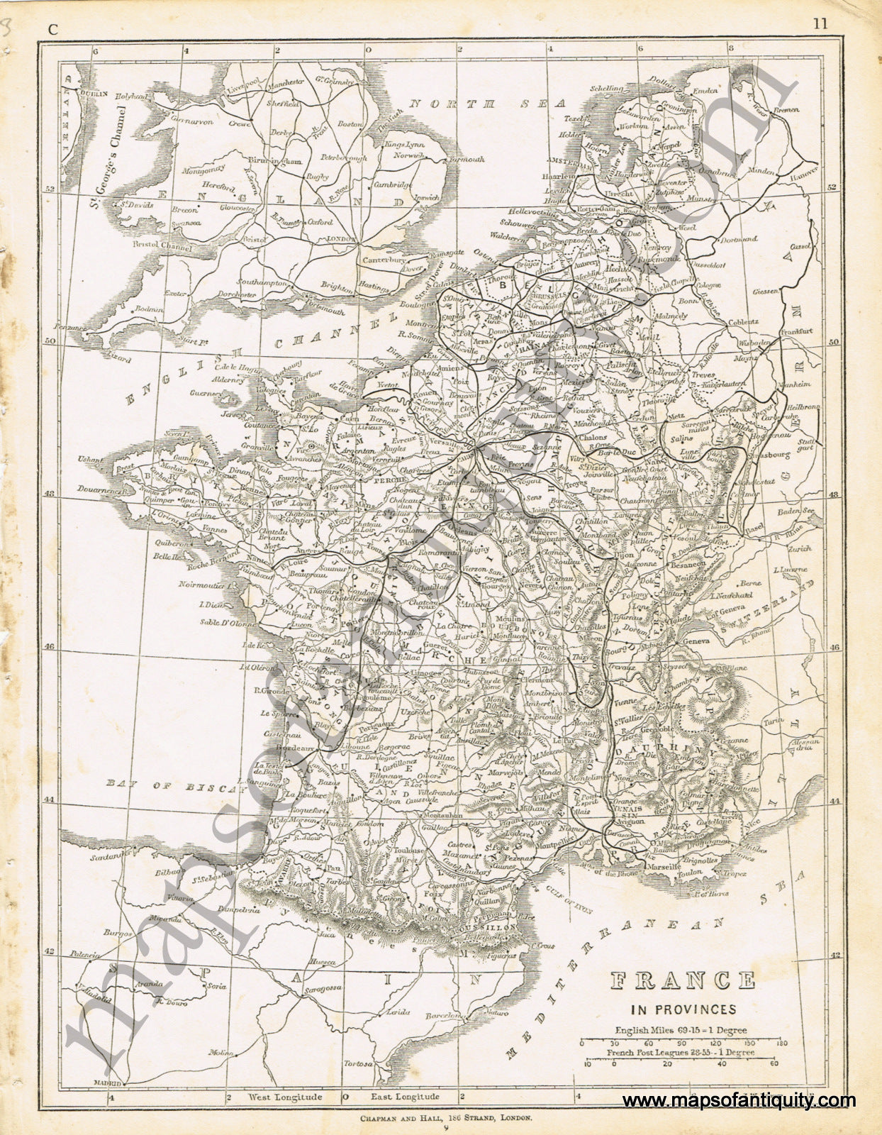 Antique-Black-and-White-Map-France-In-Provinces-Europe-France-c.-1850-Chapman-and-Hall-Maps-Of-Antiquity