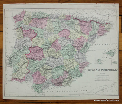 Antique-Hand-Colored-Map-Spain-&-Portugal-Europe-Spain-&-Portugal-1881-Mitchell-Maps-Of-Antiquity