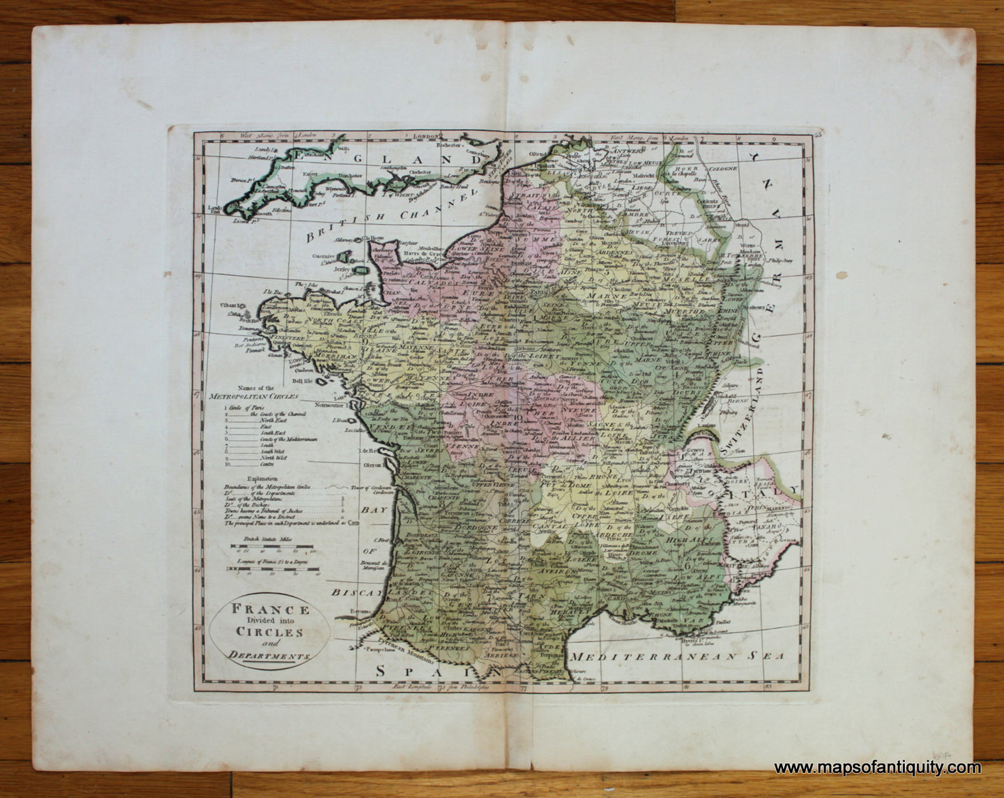 Antique-Hand-Colored-Map-France-Divided-into-Circles-and-Departments-Europe-France-1814-Carey-Maps-Of-Antiquity