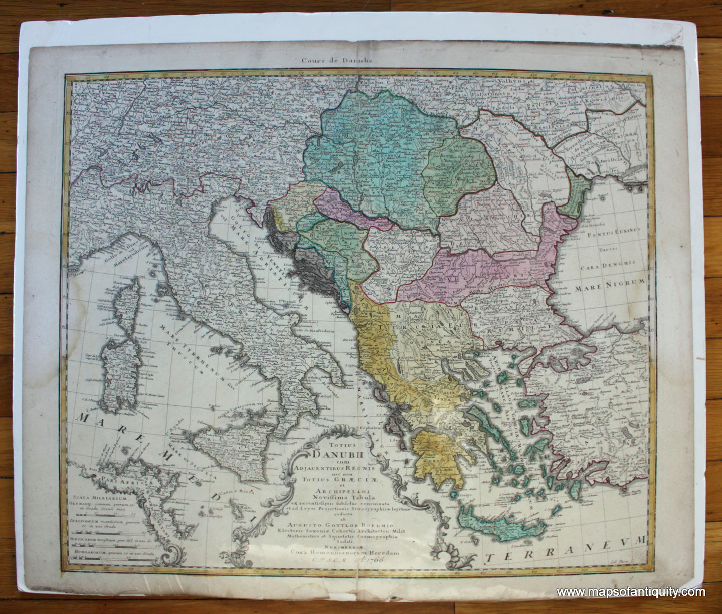 Antique-Hand-Colored-Map-Totius-Danubii-Europe-Greece-&-the-Balkans-Europe-General--1766-Homann-Maps-Of-Antiquity