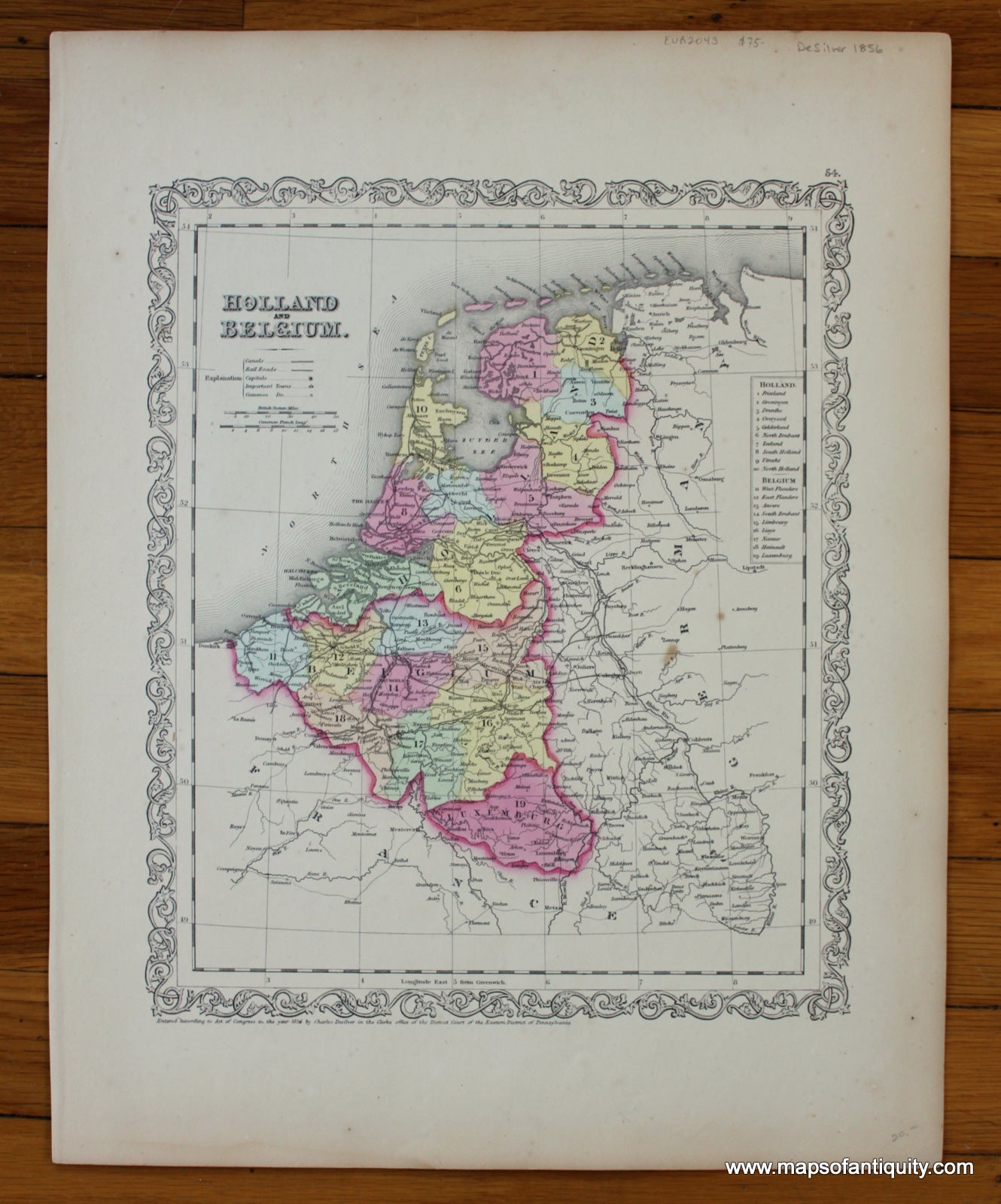 Antique-Hand-Colored-Map-Holland-and-Belgium-Europe-Holland-&-The-Netherlands-1856-Desilver-Maps-Of-Antiquity