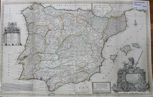 Antique-Hand-Colored-Map-A-New-and-Exact-Map-of-Spain-&-Portugal-Divided-into-its-Kingdoms-and-Principalities-etc.-with-Principal-Roads-and-considerable-Improvements-the-whole-rectify'd-according-to-the-Newest-Observations--Europe-Spain-and-Portugal-1711-Herman-Moll-Maps-Of-Antiquity