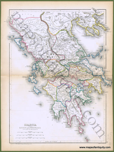 Antique-Hand-Colored-Map-Graecia-including-Epirus-and-Thessalia-with-part-of-Macedonia-Europe-Greece-&-the-Balkans-1856-Longs-Maps-Of-Antiquity