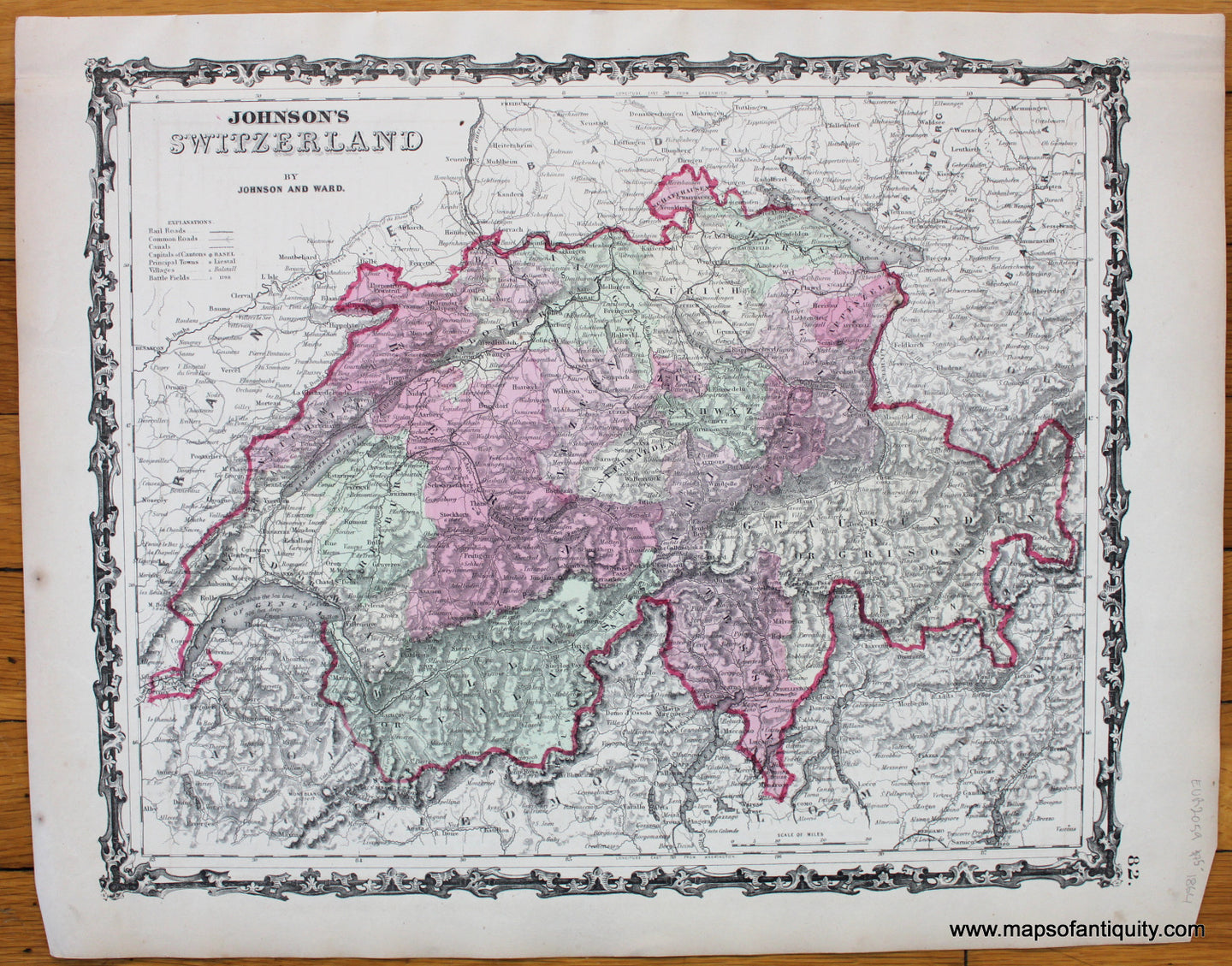 Antique-Hand-Colored-Map-Johnson's-Switzerland-Europe-Germany-1864-Johnson-and-Ward-Maps-Of-Antiquity