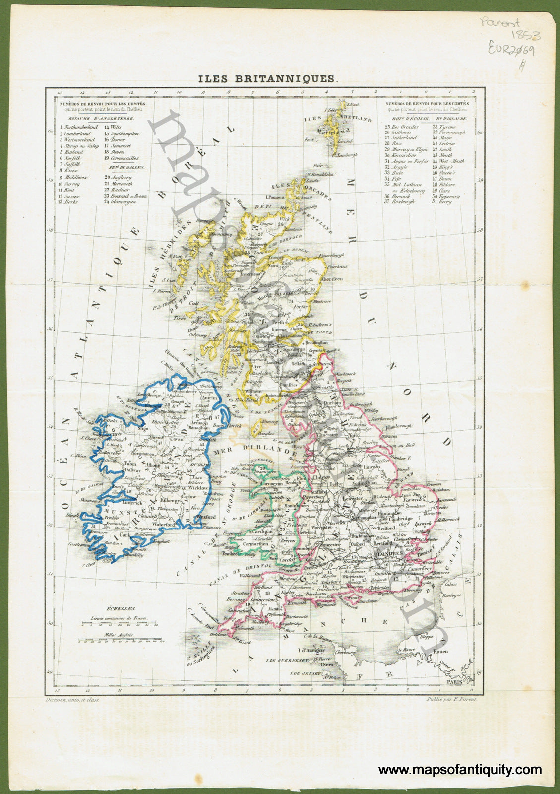 Antique-Hand-Colored-Map-Iles-Britanniques-Europe-England-Scotland-Ireland-1853-Parent-Maps-Of-Antiquity