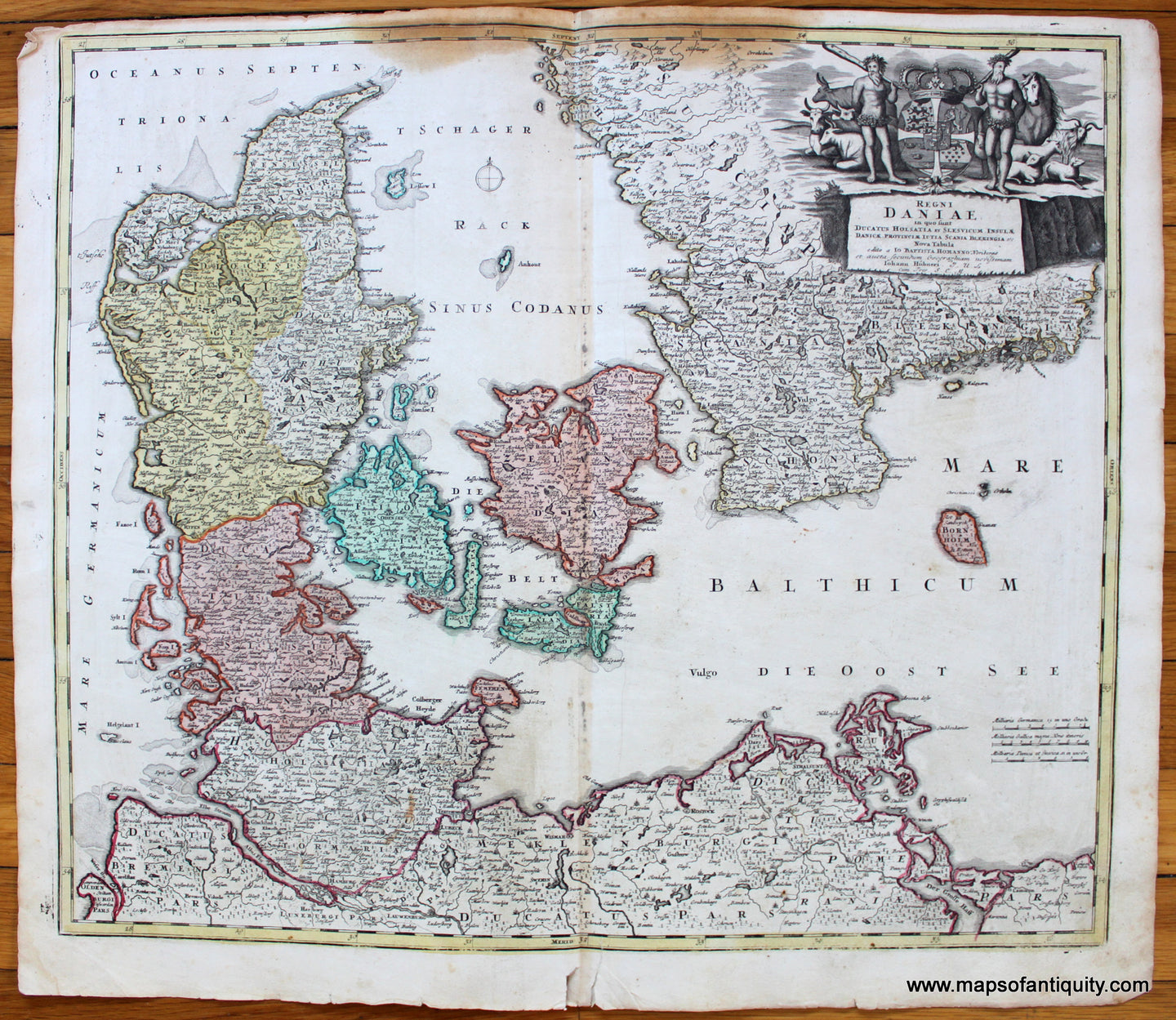 Antique-Hand-Colored-Map-Regni-Daniae-Europe-Scandinavia-Denmark-&-Iceland-c.-1740-Homann-Maps-Of-Antiquity