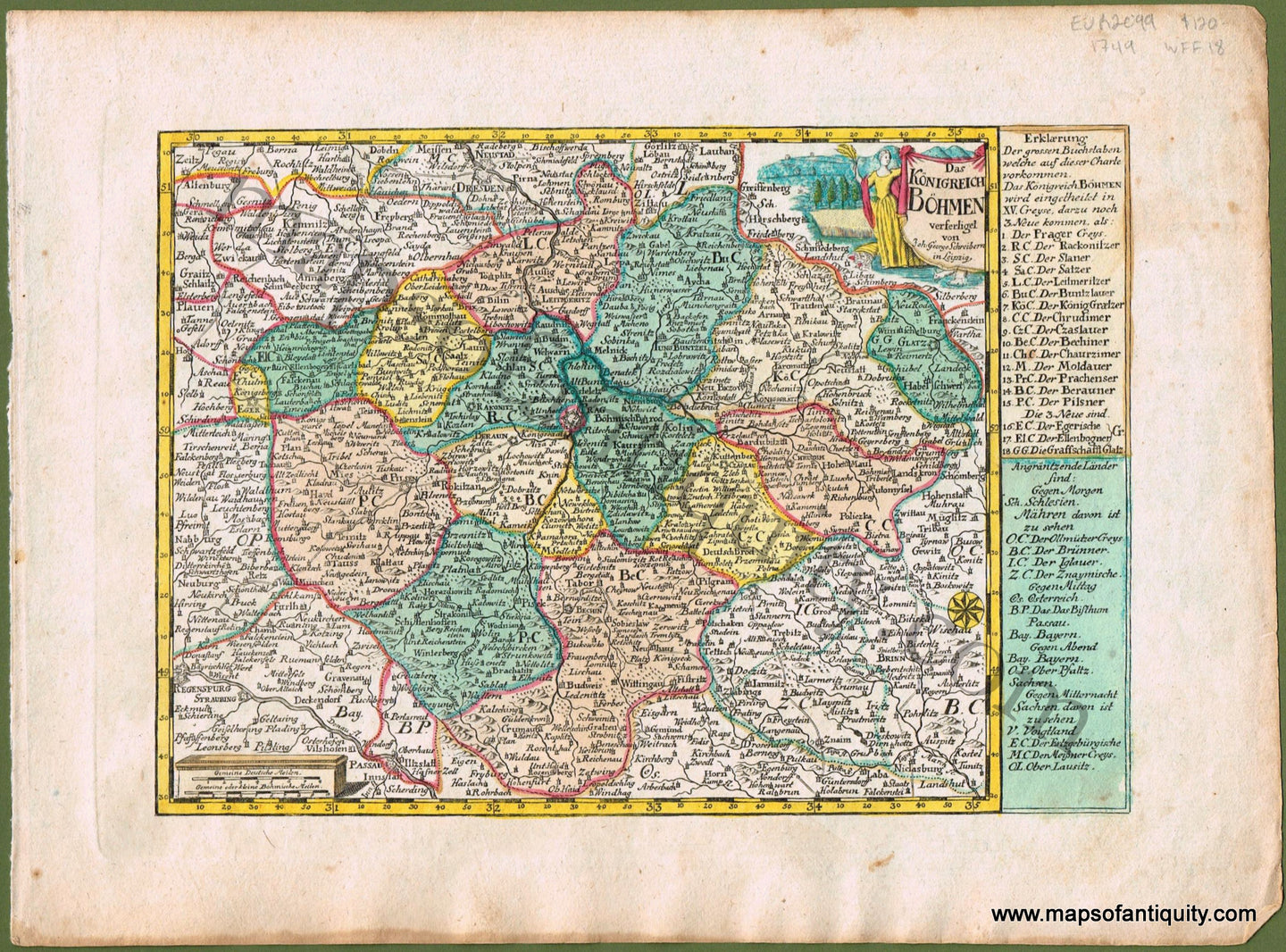 Antique-Hand-Colored-Map-Das-Konigreich-Bohmen-(Part-of-the-Czech-Republic)-Europe-Czechoslovakia-1749-John-George-Schreibern-Maps-Of-Antiquity