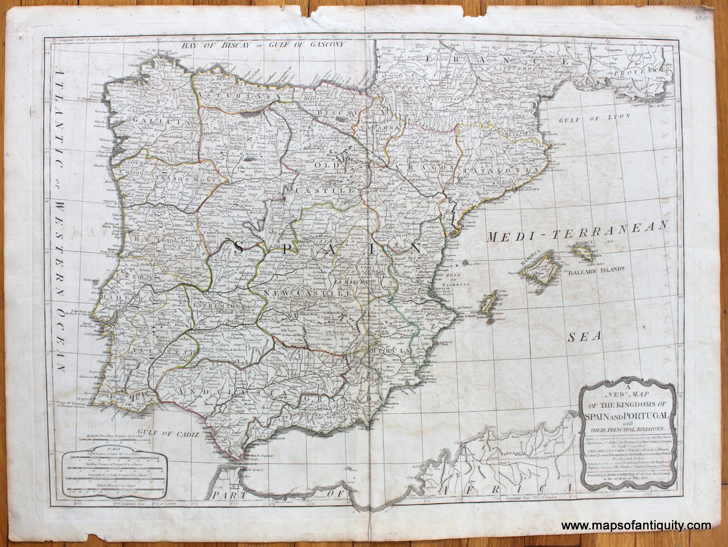 Antique-Hand-Colored-Map-A-New-Map-of-the-Kingdoms-of-Spain-and-Portugal-with-Principal-Divisions-Europe-Spain-&-Portugal-1808-Laurie-&-Whittle-Maps-Of-Antiquity