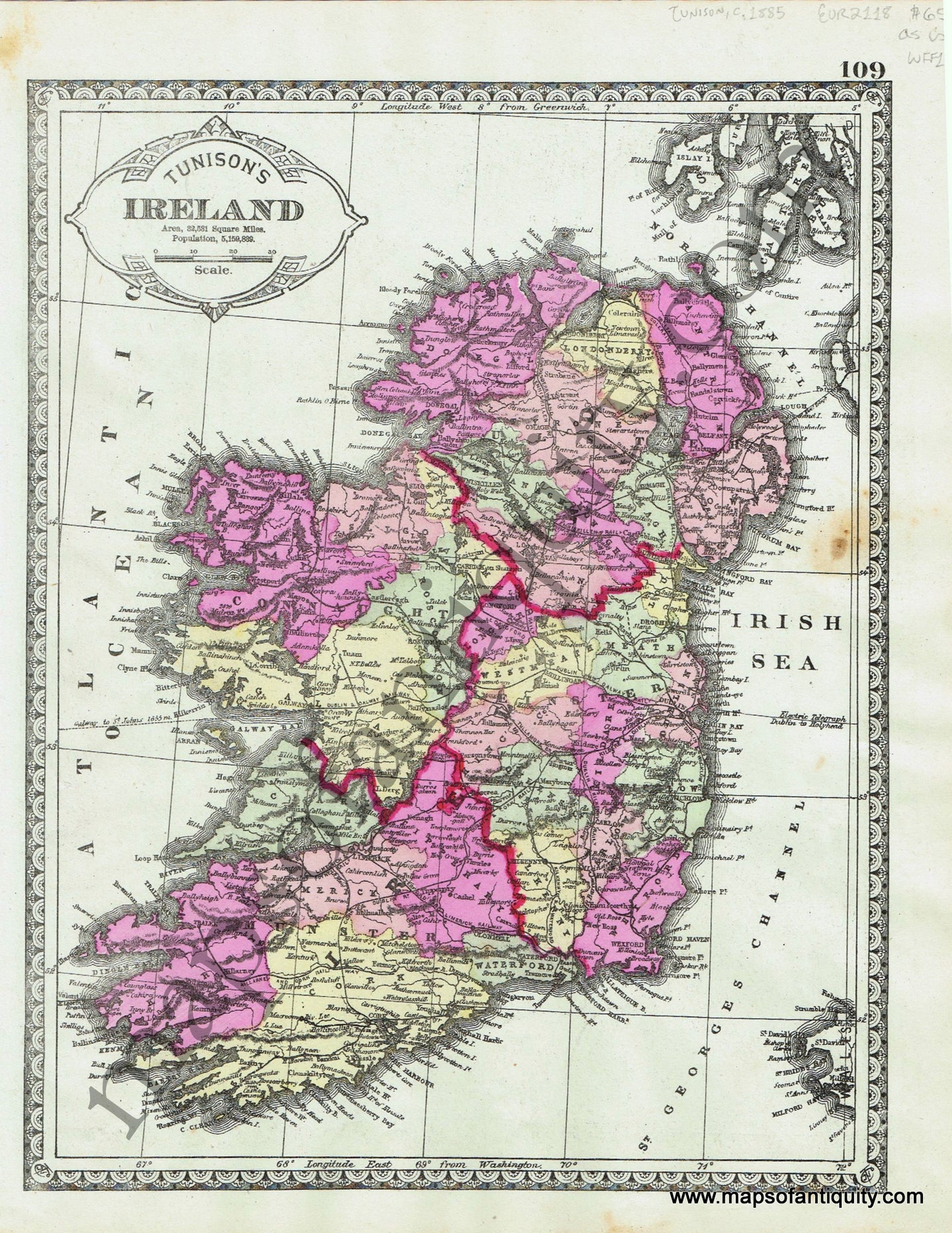 Antique-Hand-Colored-Map-Tunison's-Ireland-verso:-Tunison's-France-******-Europe-Ireland-France-c.-1885-Tunison-Maps-Of-Antiquity