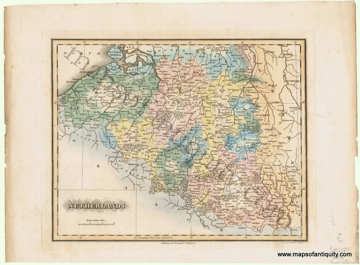 Antique-Hand-Colored-Map-Netherlands-Europe-Holland-&-The-Netherlands-1824-Young-&-Delleker-Maps-Of-Antiquity
