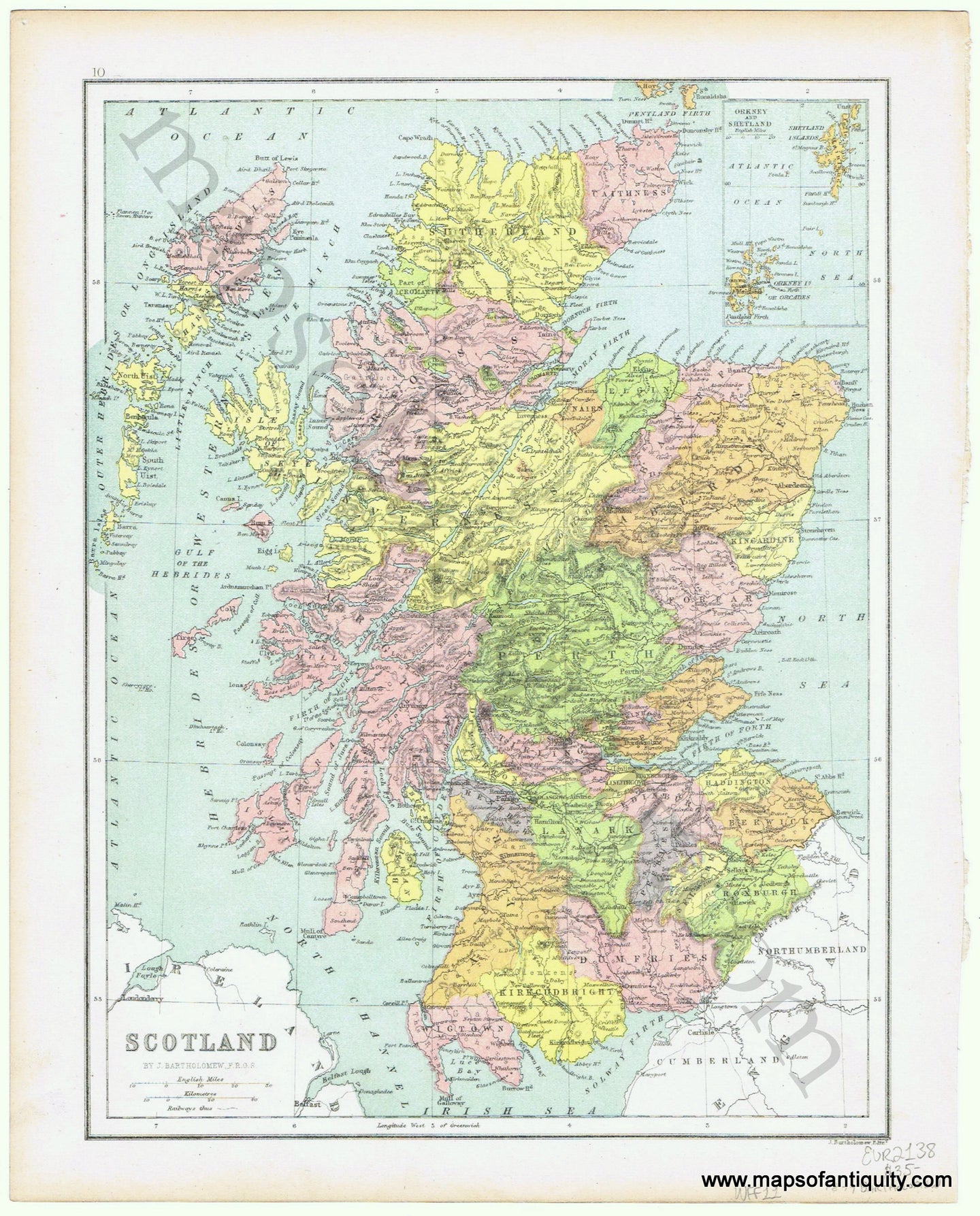 Antique-Printed-Color-Map-Scotland-verso:-England-&-Wales-Europe-Scotland-England-1877-Bartholomew-Maps-Of-Antiquity