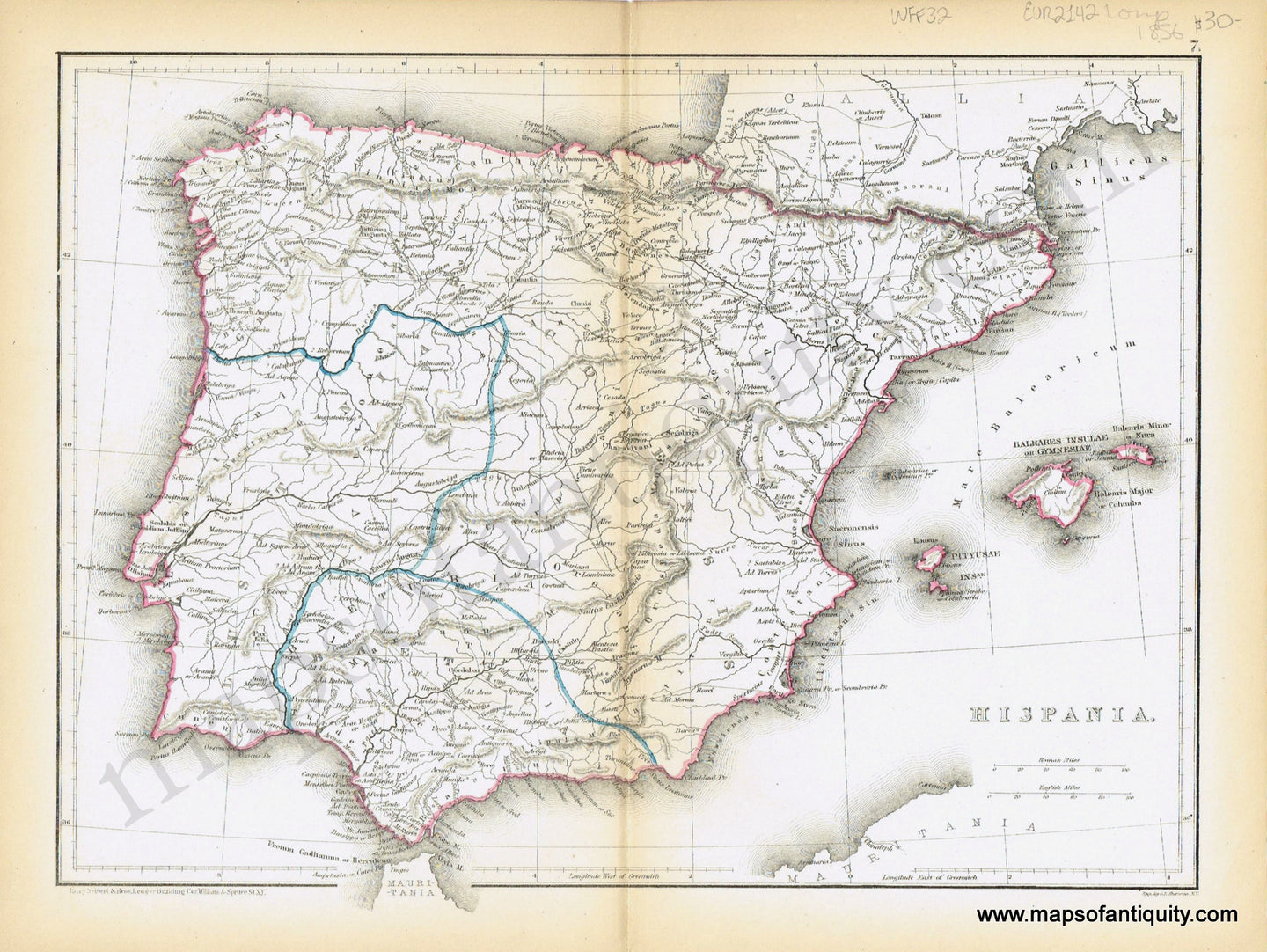Antique-Hand-Colored-Map-Hispania.-Europe-Spain-&-Portugal-1856-Long-Maps-Of-Antiquity