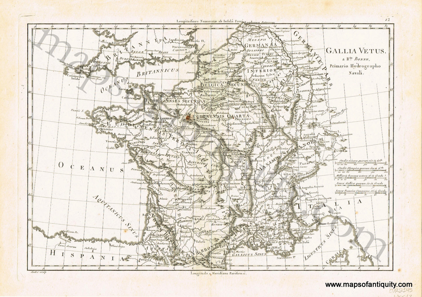 Antique-Black-and-White-Map-Gallia-Vetus-Europe-France-1780-Bonne-Maps-Of-Antiquity