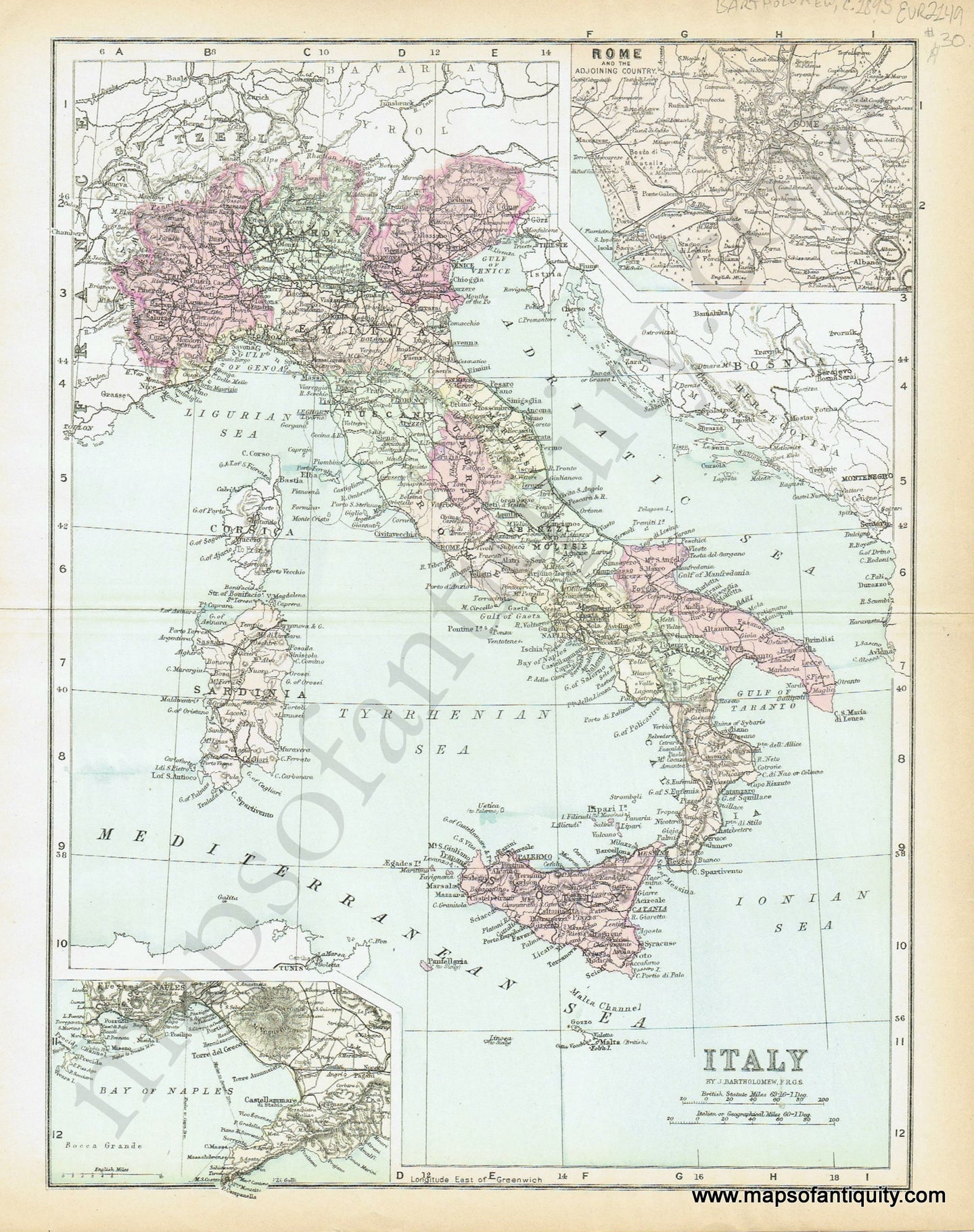 Antique-Printed-Color-Map-Italy-Europe-Italy-c.-1895-Bartholomew-Maps-Of-Antiquity