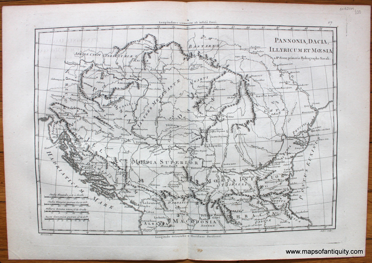 Antique-Map-Ancient-Balkans-Pannonia-Dacia-Illyricum-et-Moesia-Bonne-Desmarest-1787