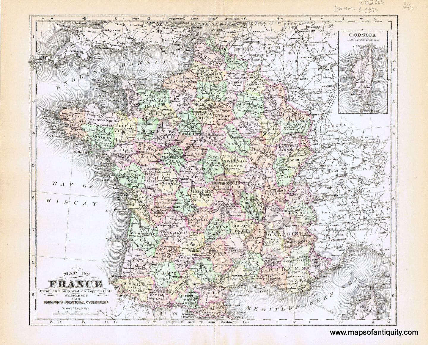 Antique-Hand-Colored-Map-Map-of-France-Europe-France-c.-1885-Johnson-Maps-Of-Antiquity
