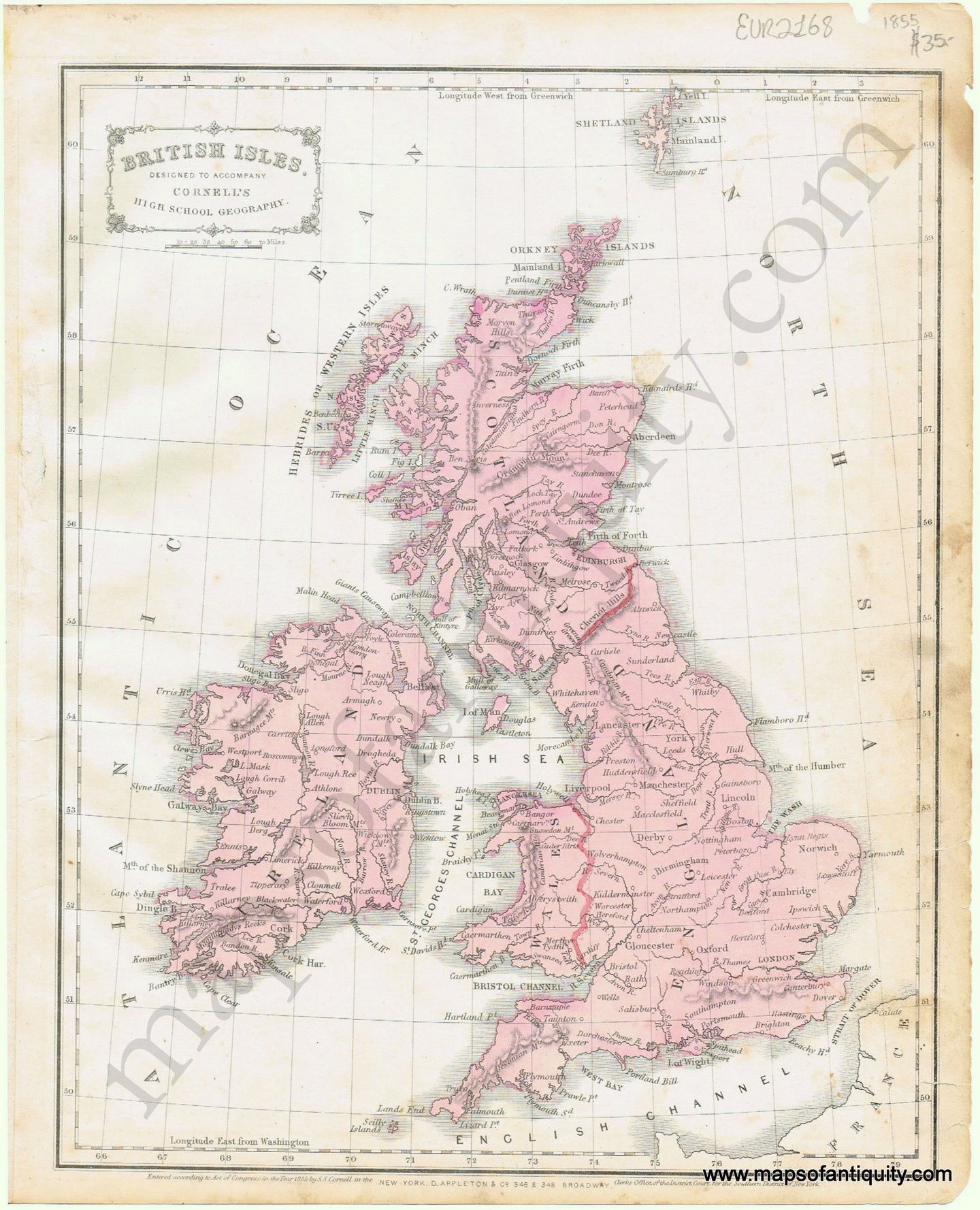Antique-Hand-Colored-Map-British-Isles-Europe-England-Scotland-Ireland-1855-Appleton/Cornell-Maps-Of-Antiquity