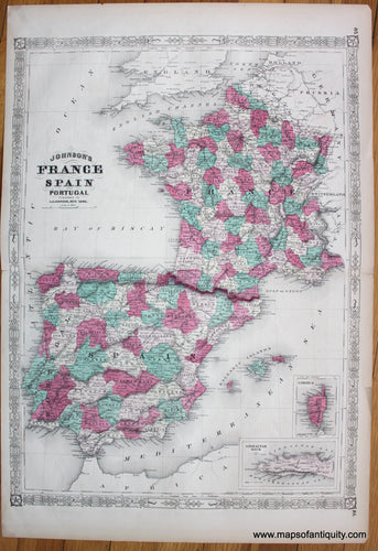 Antique-Map-Johnson's-France-Spain-and-Portugal-Corsica-Gibraltar-Rock-Johnson-1865-1860s-1800s-Mid-Late-19th-Century-Maps-of-Antiquity