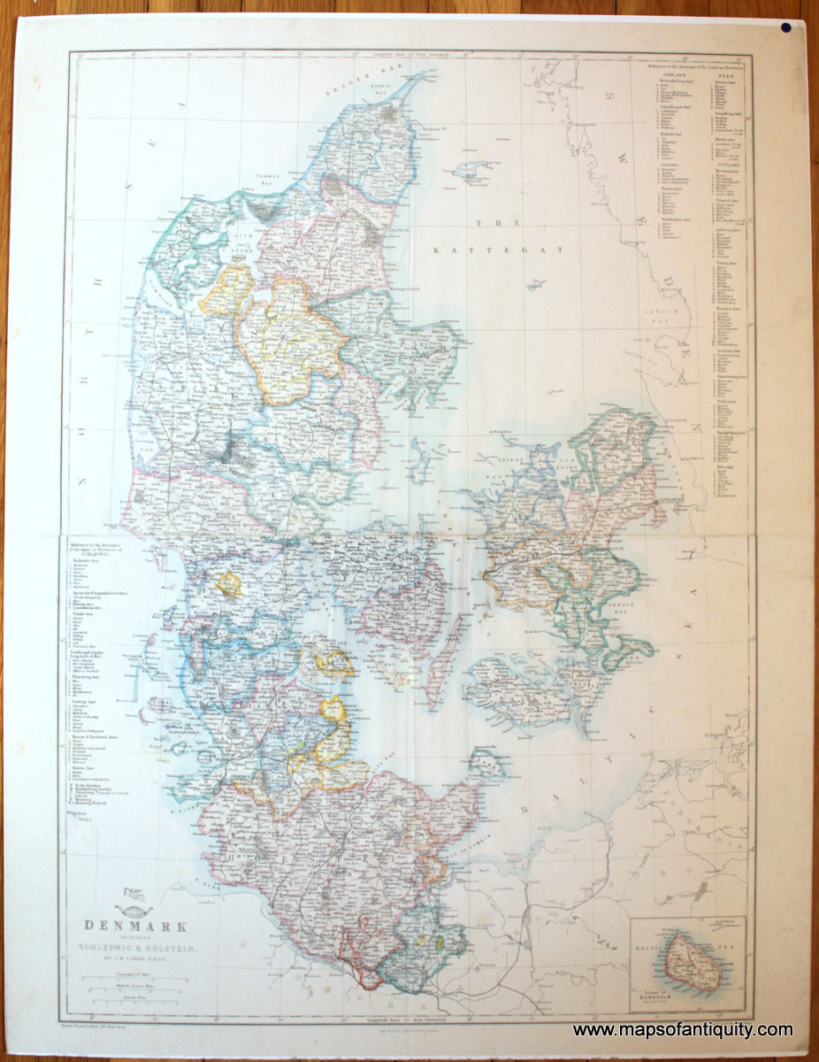 Antique-Map-Denmark-Including-Schleswig-&-Holstein-and-Bornholm-Lowry-Weekly-Dispatch-Atlas-1860s-1800s-Mid-Late-19th-Century-Maps-of-Antiquity