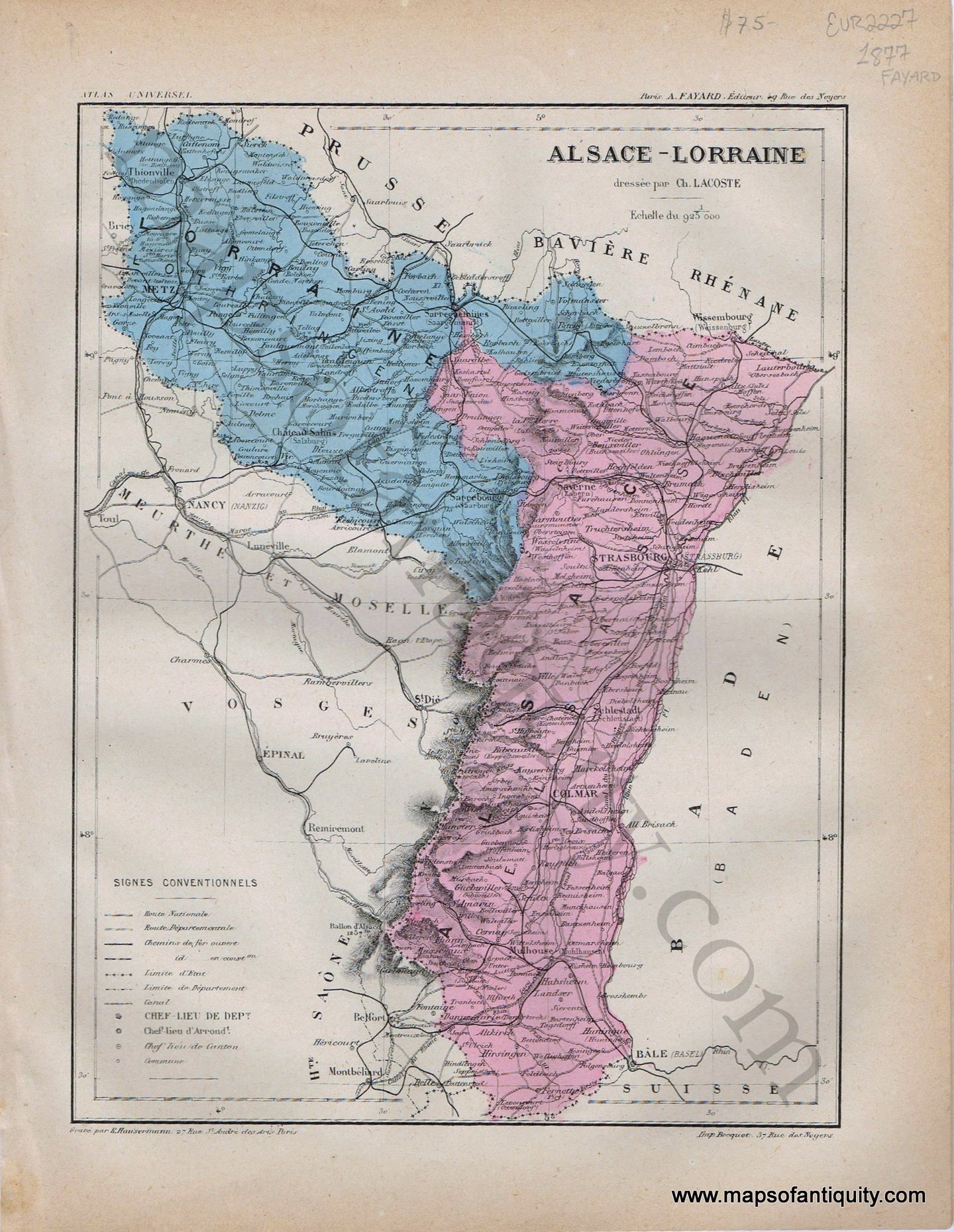 Antique-Map-Alsace-Lorraine-Imperial-Territory-German-Empire-Germany-France-Prussian-War-History-France-Fayard-Atlas-Universel-French-1877-1870s-1800s-Mid-Late-19th-Century-Maps-of-Antiquity