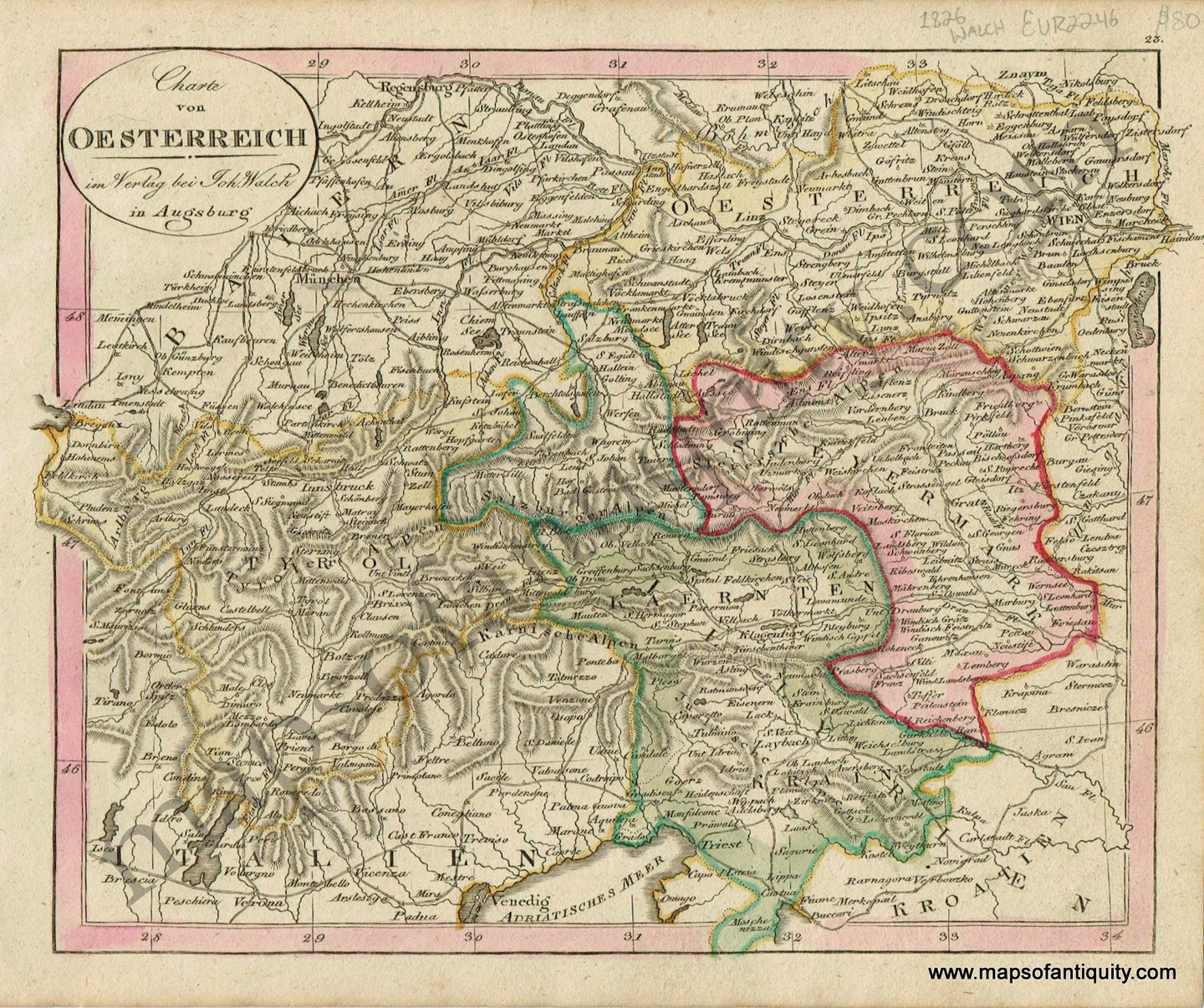 Antique-Map-Charte-von-Oesterreich-Austria-Austrian-German-Walch-Neuester-Schul-Atlass-1826-1820s-Early-19th-Century-Maps-of-Antiquity