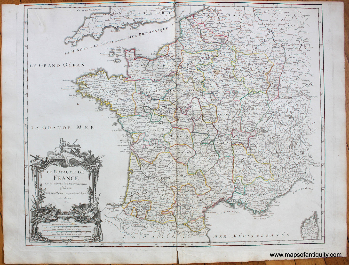 Antique-Map-Royaume-de-France-Robert-de-Vaugondy-1750-France-French-1750s-1700s-Mid-18th-Century-Maps-of-Antiquity